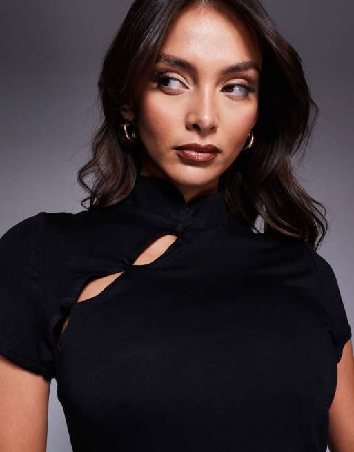 ASOS DESIGN fitted short sleeve top with rouleau loop buttons detail in black
