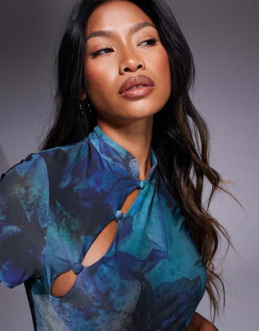 ASOS DESIGN fitted short sleeve top with rouleau loop buttons detail in blue floral print