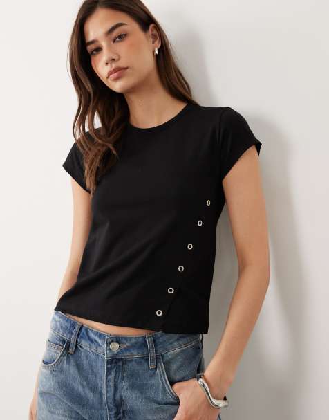 ASOS DESIGN fitted t-shirt with eyelet hem detail in black - view 1