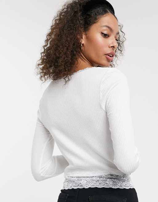 Lace Trim Long Sleeve Top White