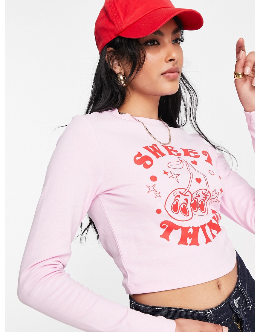 ASOS DESIGN fitted T-shirt with sweet thing graphic print in pink-Gray