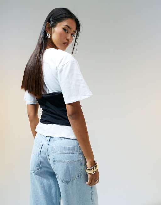 ASOS DESIGN fitted t-shirt with waistband detail in black and white