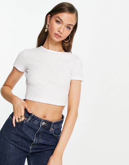 ASOS DESIGN fitted top in waffle in white | ASOS