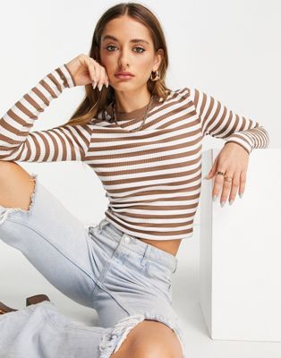 ASOS DESIGN fitted top with long sleeve in brown and white stripe