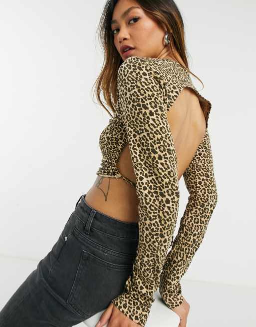 ASOS DESIGN fitted top with open tie back in micro animal print