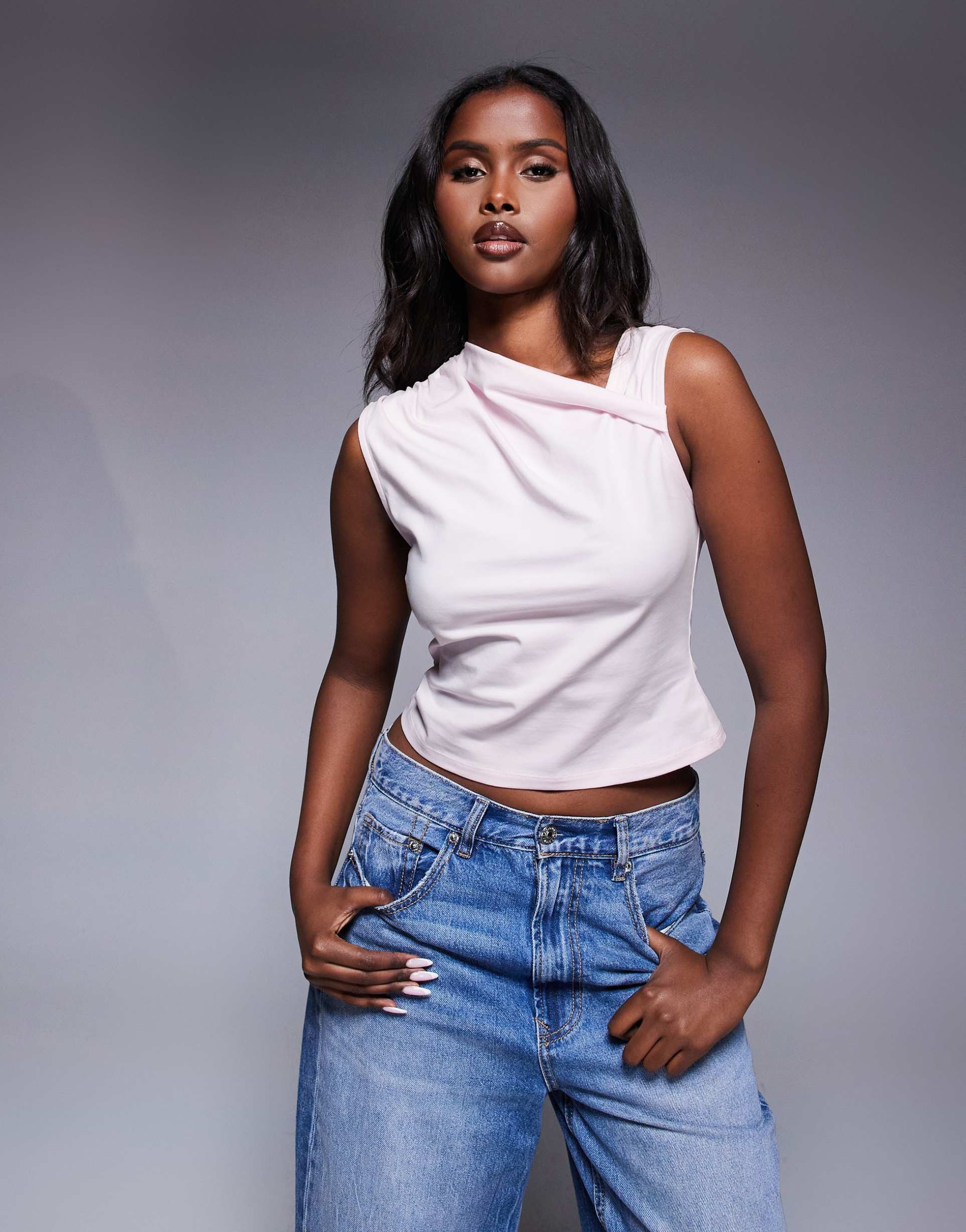 asos design fitted twist neck detail top in pastel pink