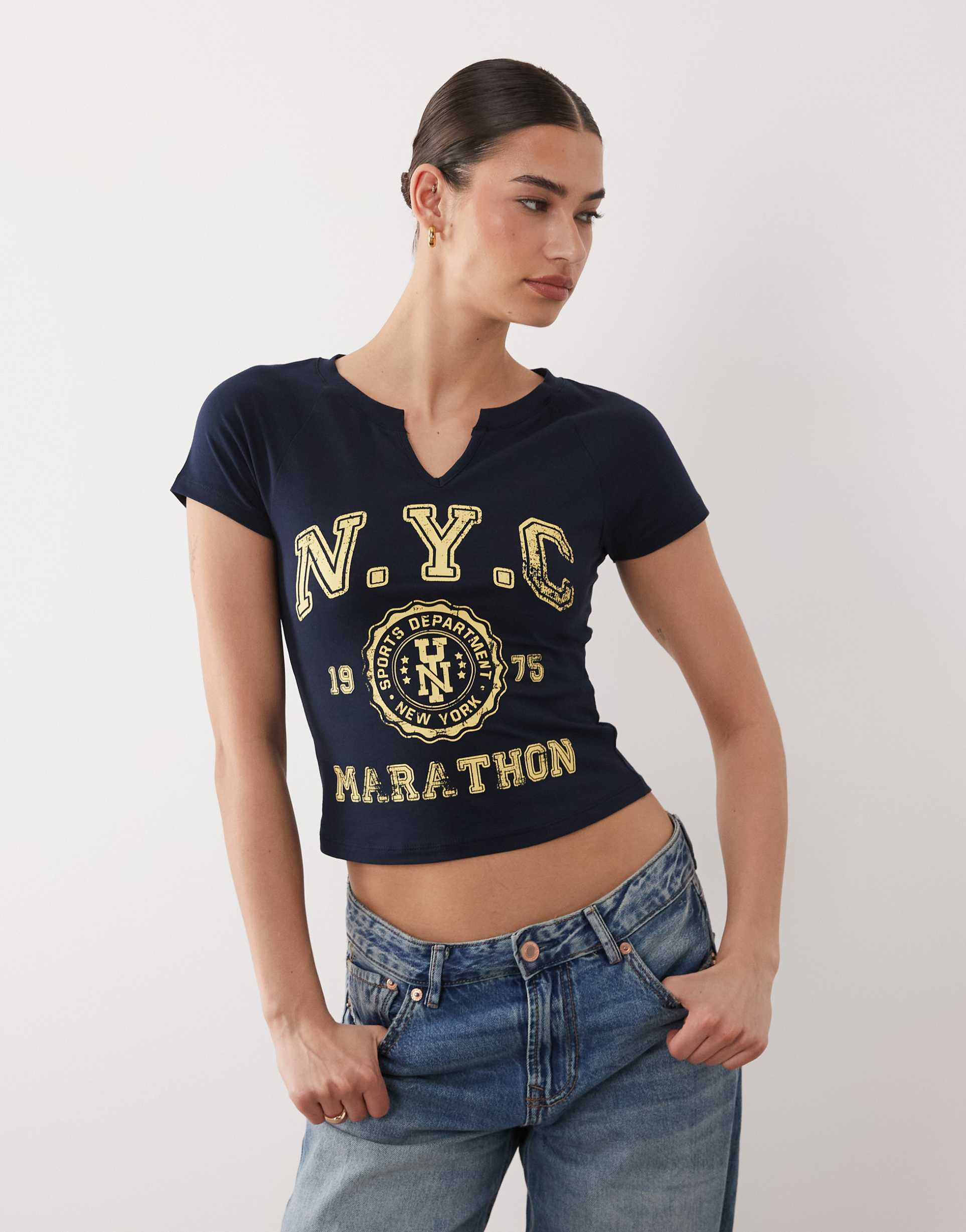 asos design fitted v neck raglan sleeve t-shirt with nyc graphic in navy