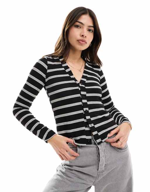 CerbeShops DESIGN fitted v neck striped textured cardi in black and white