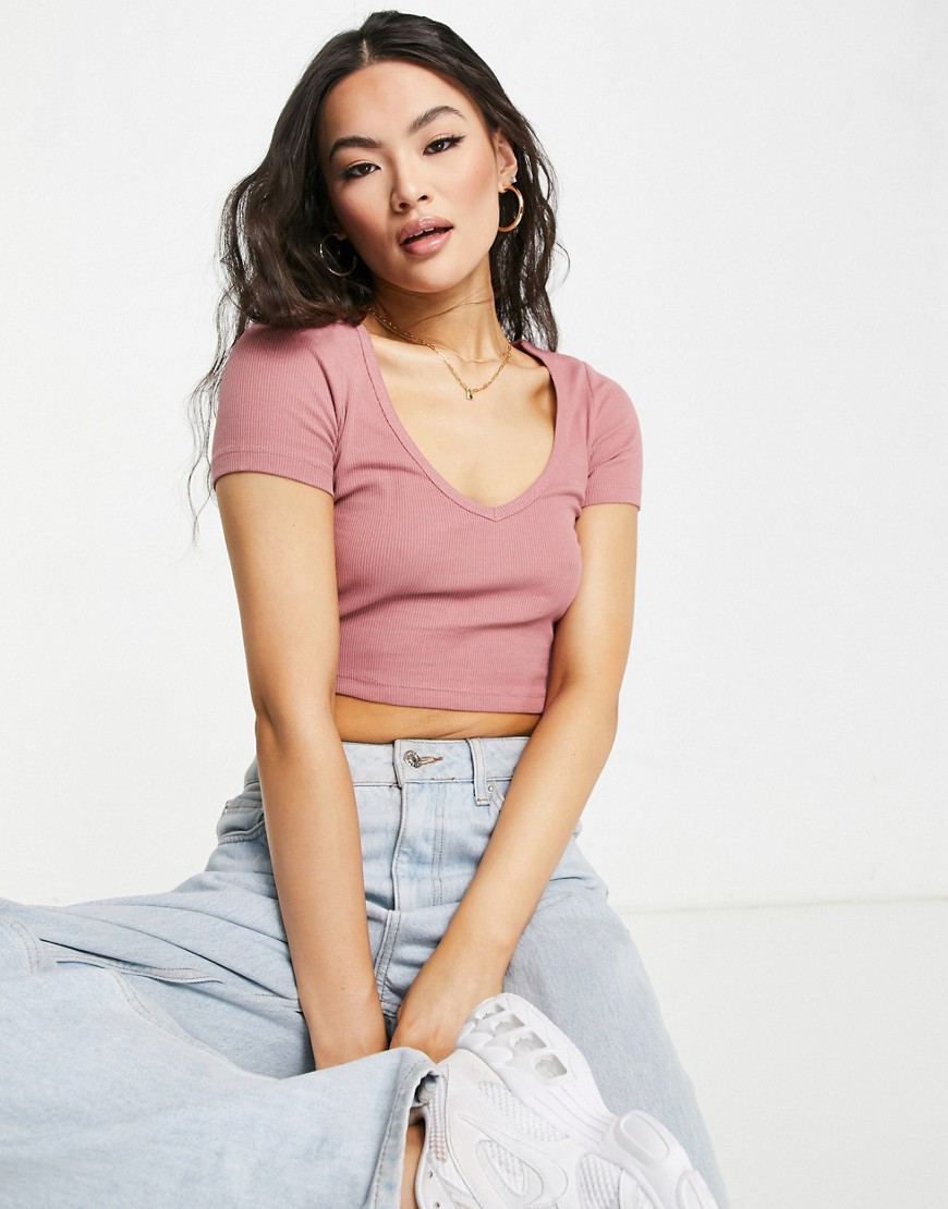 ASOS DESIGN fitted v neck t-shirt in rib in rose-Pink