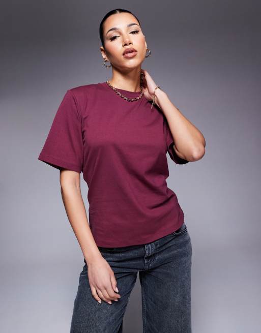 ASOS DESIGN fitted waist T-shirt with wrap cut-out back detail in burgundy