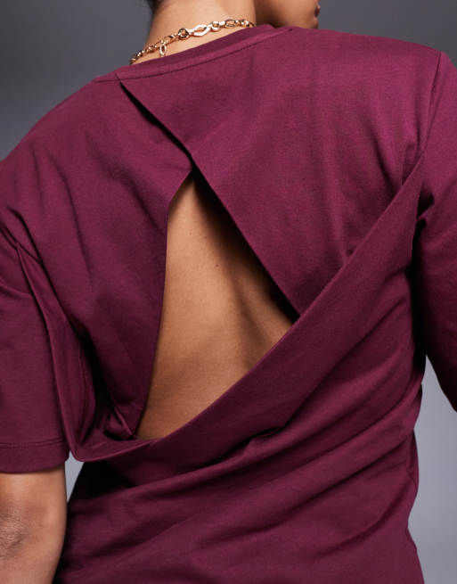 ASOS DESIGN fitted waist T-shirt with wrap cut-out back detail in burgundy