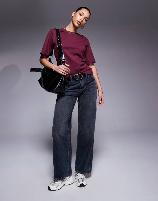 ASOS DESIGN fitted waist T-shirt with wrap cut-out back detail in burgundy