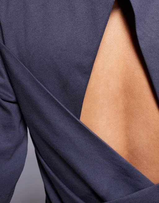 ASOS DESIGN fitted waist t-shirt with wrap cut out back detail in charcoal