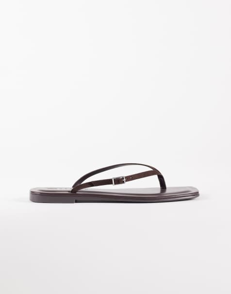 ASOS DESIGN Fitz skinny strap flip flops in chocolate - view 1