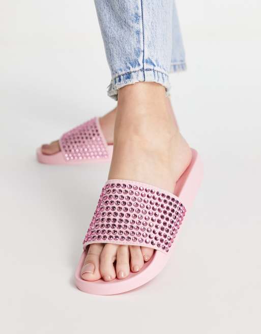 ASOS DESIGN Fixation diamante embellished sliders in pink ASOS