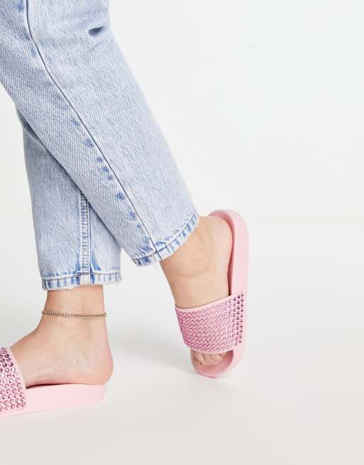 ASOS DESIGN Fixation diamante embellished sliders in pink ASOS