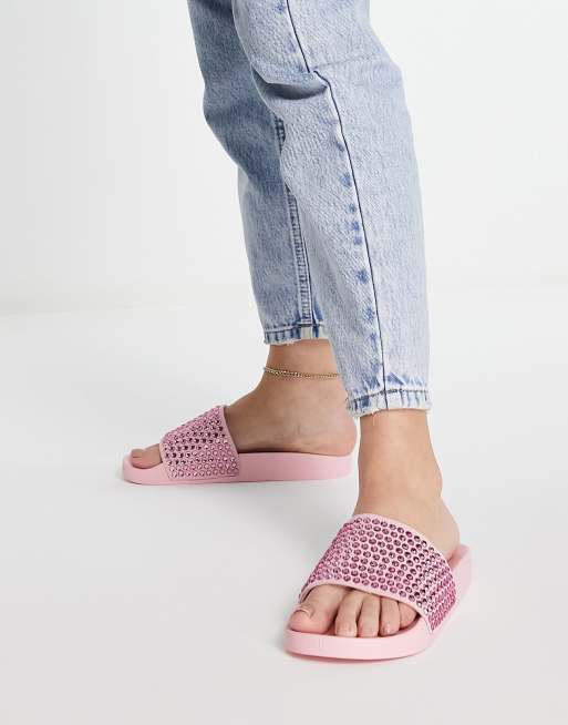 ASOS DESIGN Fixation diamante embellished sliders in pink ASOS