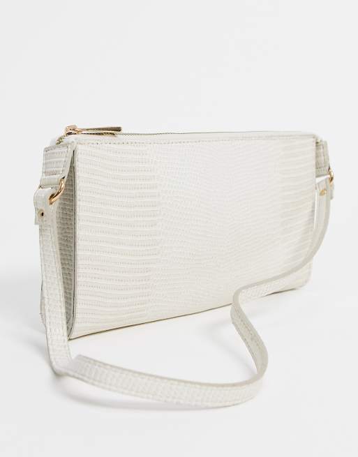 ASOS DESIGN – Flache, längliche 90er-Schultertasche in Echsenoptik in Creme