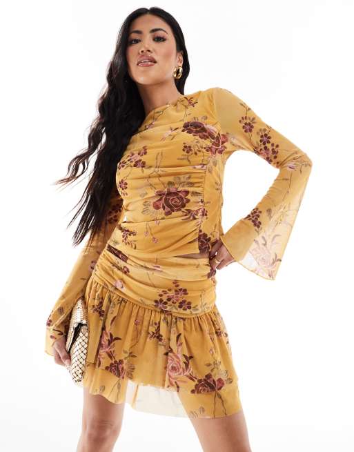 ASOS DESIGN - Flagrende mininederdel med blomsterbroderi i mesh - Del af sæt