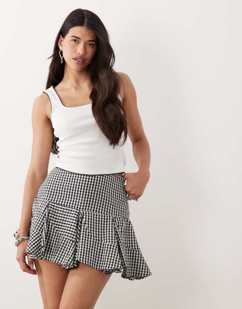 ASOS DESIGN - Flagrende mininederdel med gingham-tern og diagonale syningsdetaljer - view 1