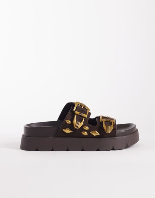 ASOS DESIGN - Flair - Chokoladebrune boho-sandaler i imiteret ruskind med nitter, 3 af 4