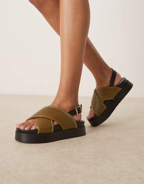 ASOS DESIGN - Flame - Geweven sandalen met voetbed en kruisband in olijfgroen - view 1
