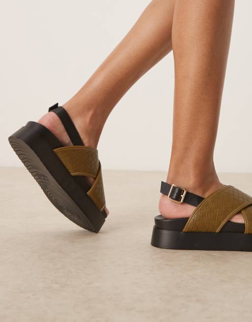 ASOS DESIGN Flame woven cross strap footbed sandals in olive green
