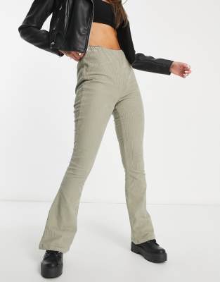 Asos Design Flare Cord Pants In Sage-green