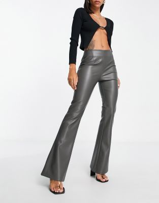 Asos Design Flare Faux Leather Pants In Khaki-green In Gray