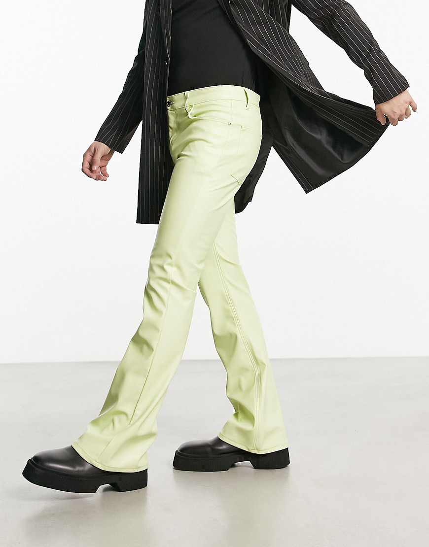 Asos Design Flare Jeans In Light Green Leather Look