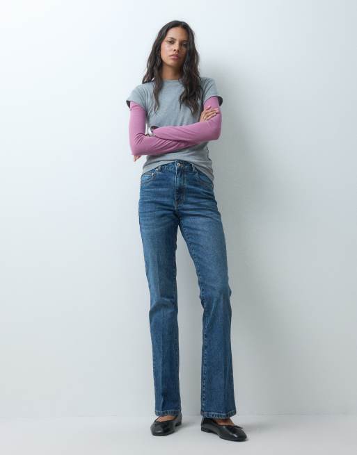 ASOS DESIGN flare jeans with creased detailing in mid wash blue, 4 of 5