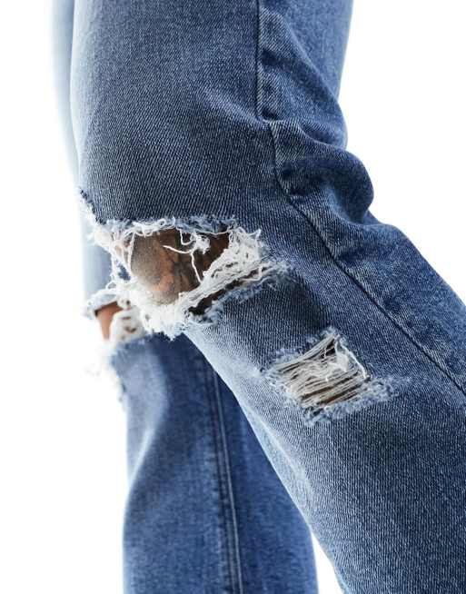 ASOS DESIGN flare jeans with rips in mid wash blue, 3 of 5
