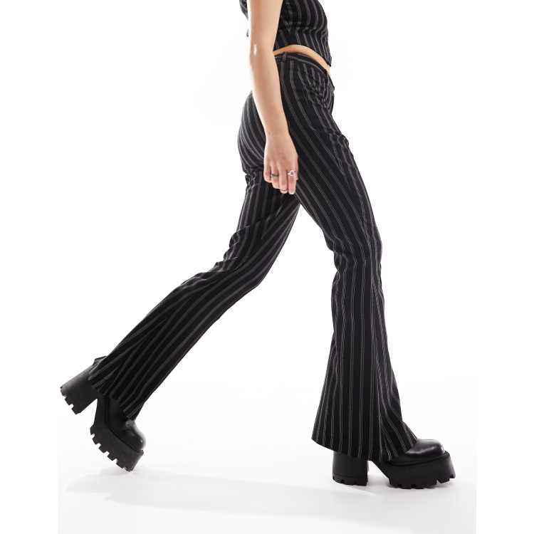 Striped Print Fuzzy Trim Flare Leg Pants