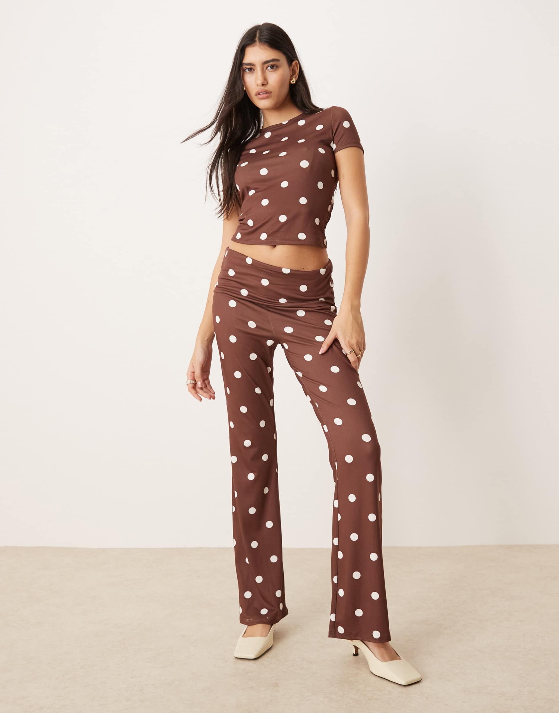 asos design flare pants in brown polka dot - part of a set