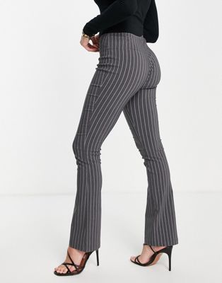 Pretty Little Thing Women Clothing Pants Stretch Pants Charcoal Grey Pinstripe Low Rise Stretch Woven Flare Pant 