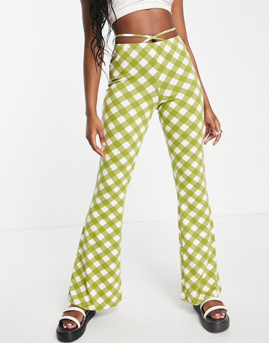 Asos Design Flare Pants With Tie Waist In Checkerboard Gingham In Green-multi