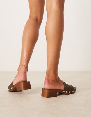 Asos Design Flare Premium Suede Mule Sandal Clogs In Brown