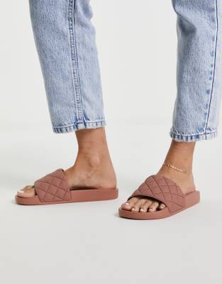 Asos Design Flare Quilted Sliders In Beige-neutral