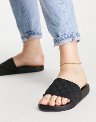 Asos Design Wide Fit Flare Quilted Sliders In Black