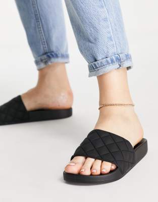 Asos Design Wide Fit Flare Quilted Sliders In Black