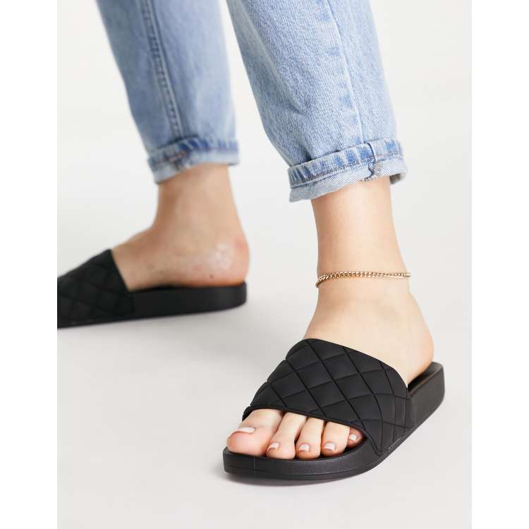 LTS Black Stud Quilted Sliders In Standard Fit