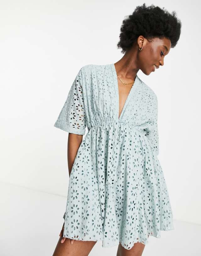 ASOS DESIGN flare skater mini dress in eyelet in duck egg