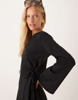 ASOS DESIGN flare sleeve cinched tie side mini dress in black