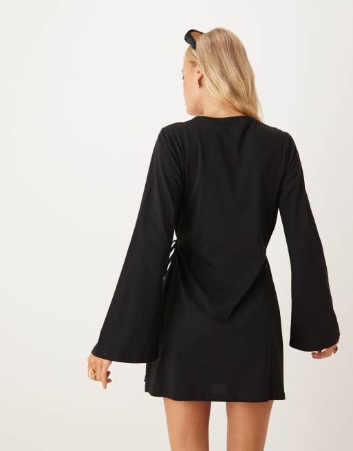 ASOS DESIGN flare sleeve cinched tie side mini dress in black