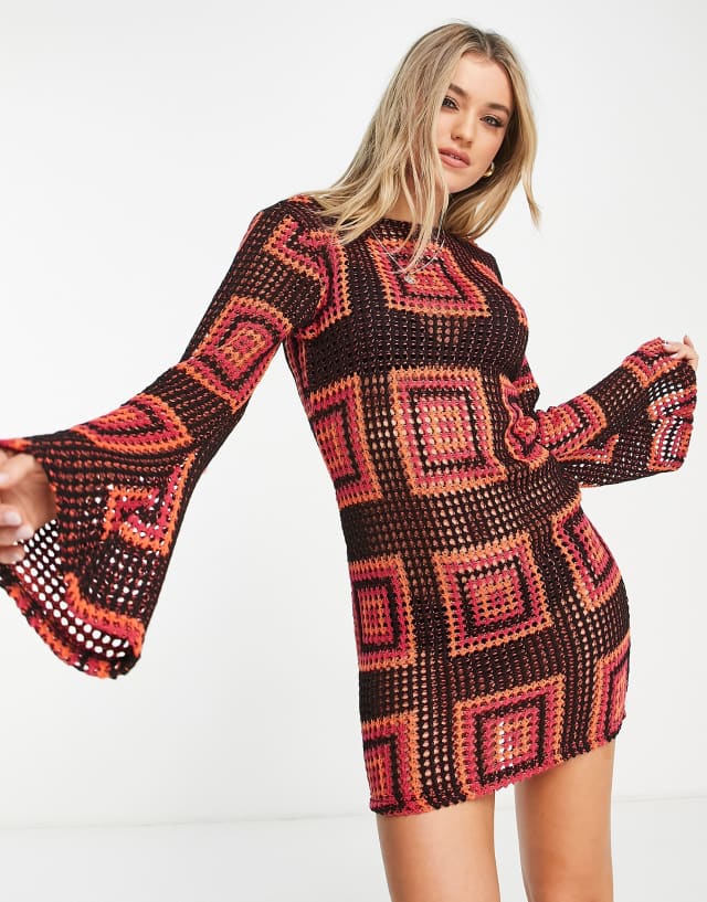 ASOS DESIGN flare sleeve crochet mini dress in black with pink and orange square