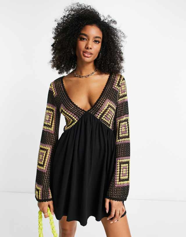 ASOS DESIGN flare sleeve crochet mini dress in black