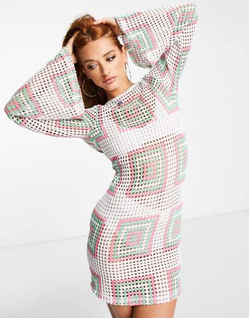 ASOS DESIGN flare sleeve crochet mini dress in white with pink and green  square | ASOS