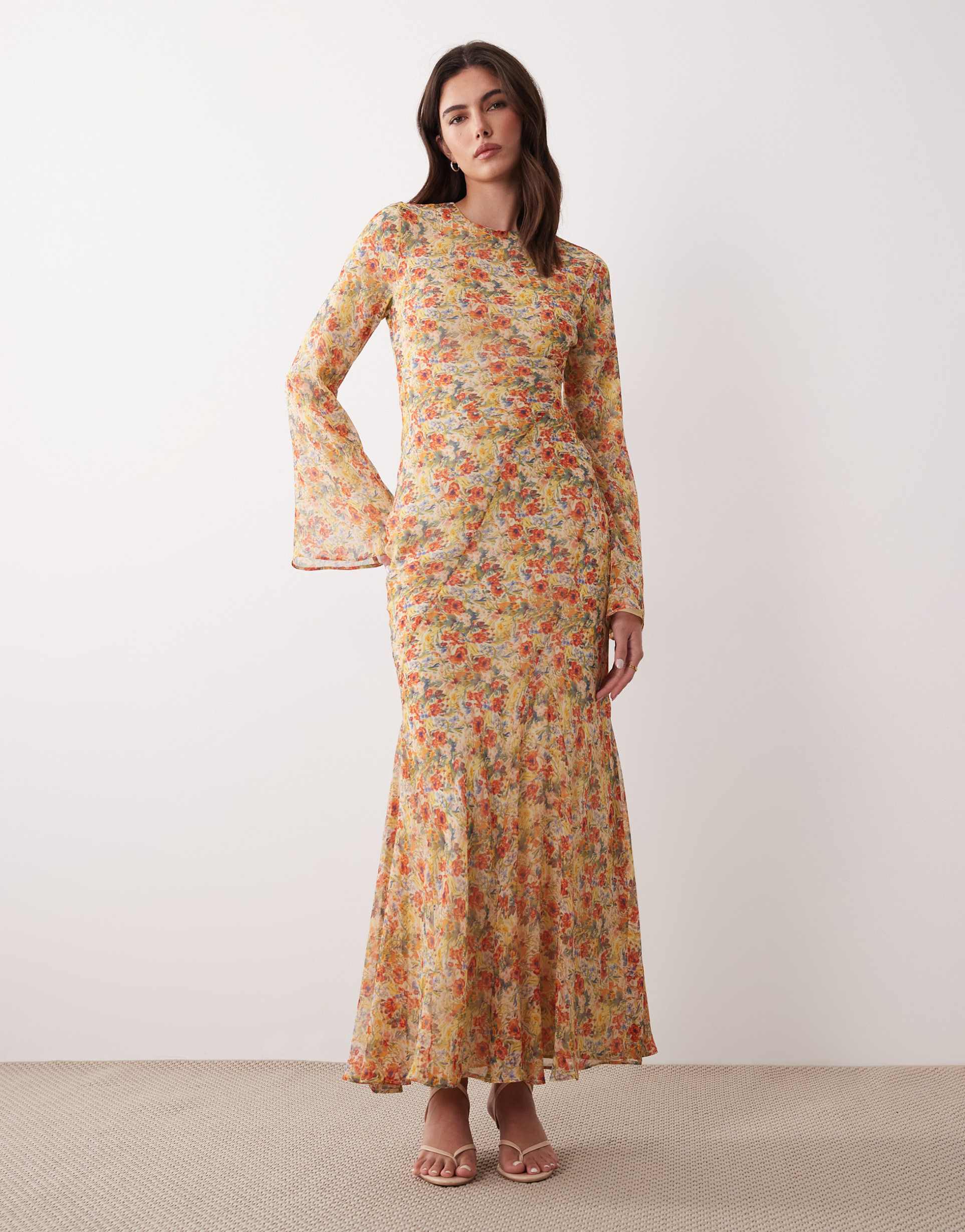 asos design flare sleeve maxi dress in floral print
