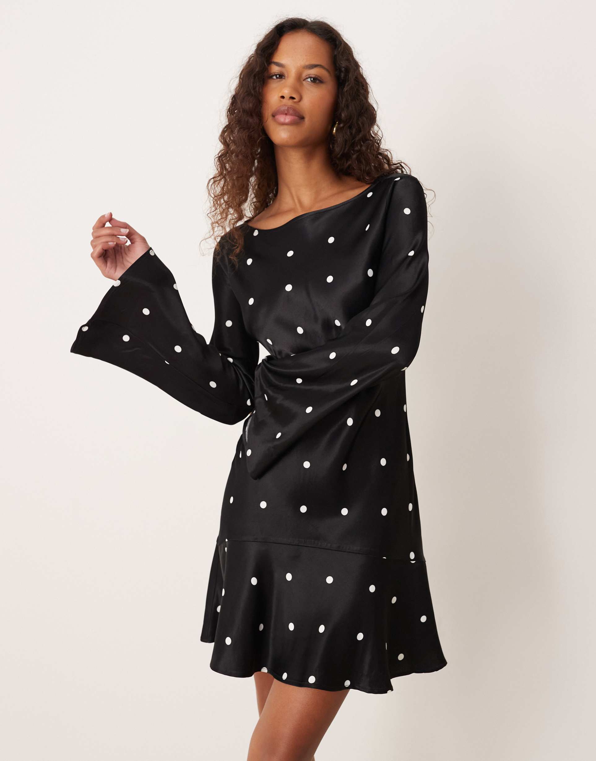 asos design flare sleeve satin mini dress in black-based polka dots