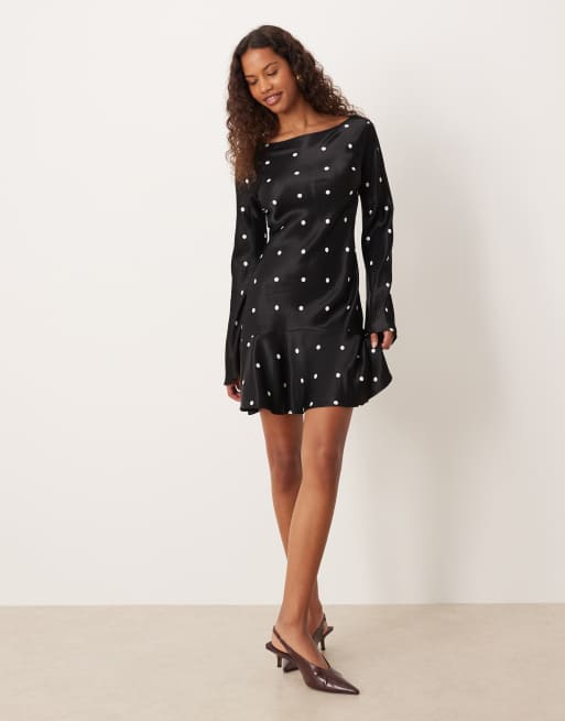 ASOS DESIGN flare sleeve satin mini dress in black-based polka dots